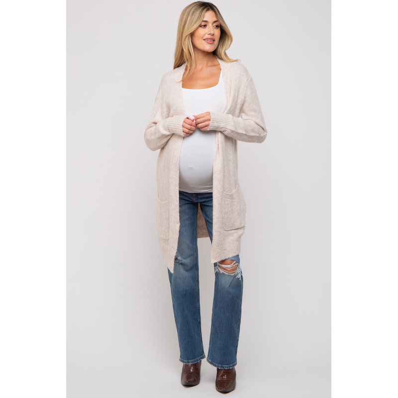Beige Basic Knit Maternity Cardigan