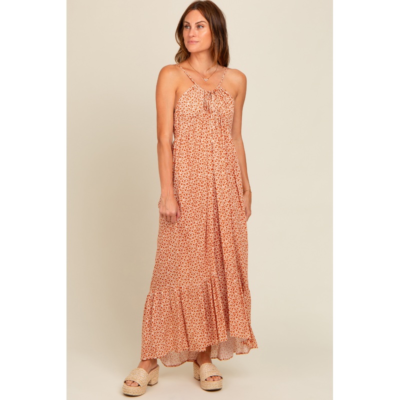 Beige Floral Tie Front Maxi Dress