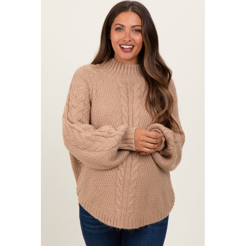 Beige Mixed Chunky Cable Knit Mock Neck Maternity Sweater
