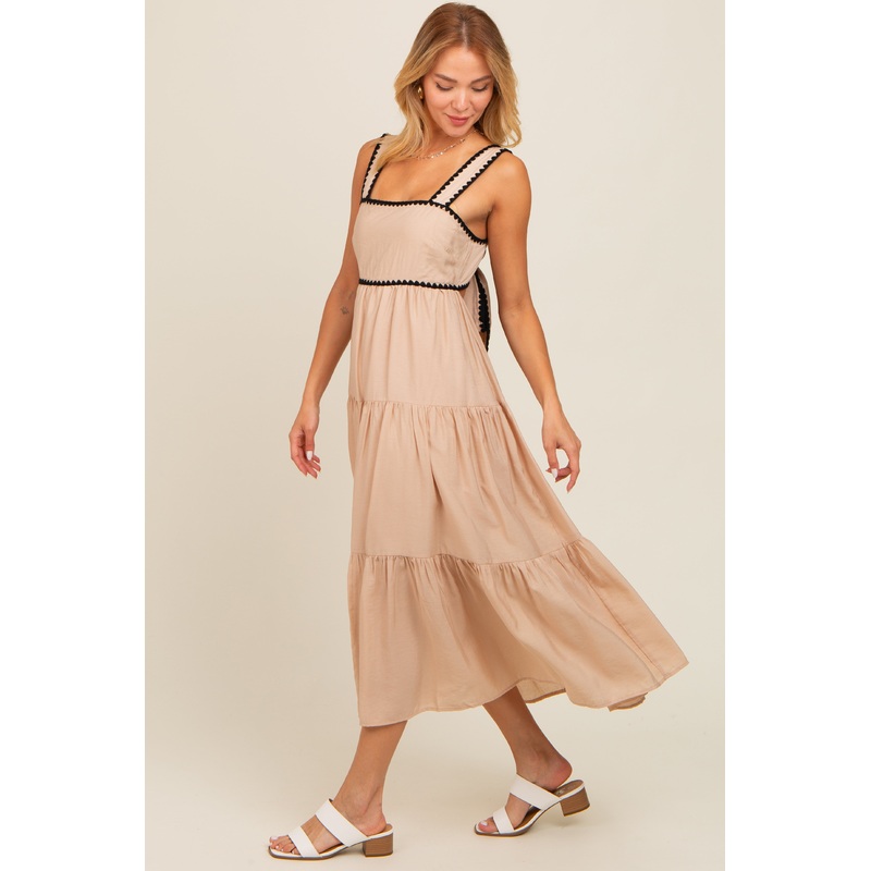 Beige Scallop Trim Tiered Midi Dress