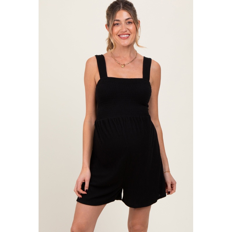 Black Ribbed Smocked Bodice Maternity Romper