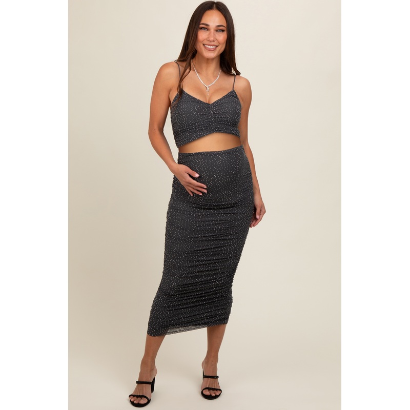 Charcoal Rhinestone Crop Top and Skirt Maternity Set
