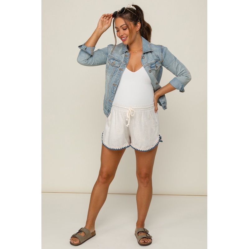Cream Linen Blend Crochet Trim Drawstring Maternity Shorts