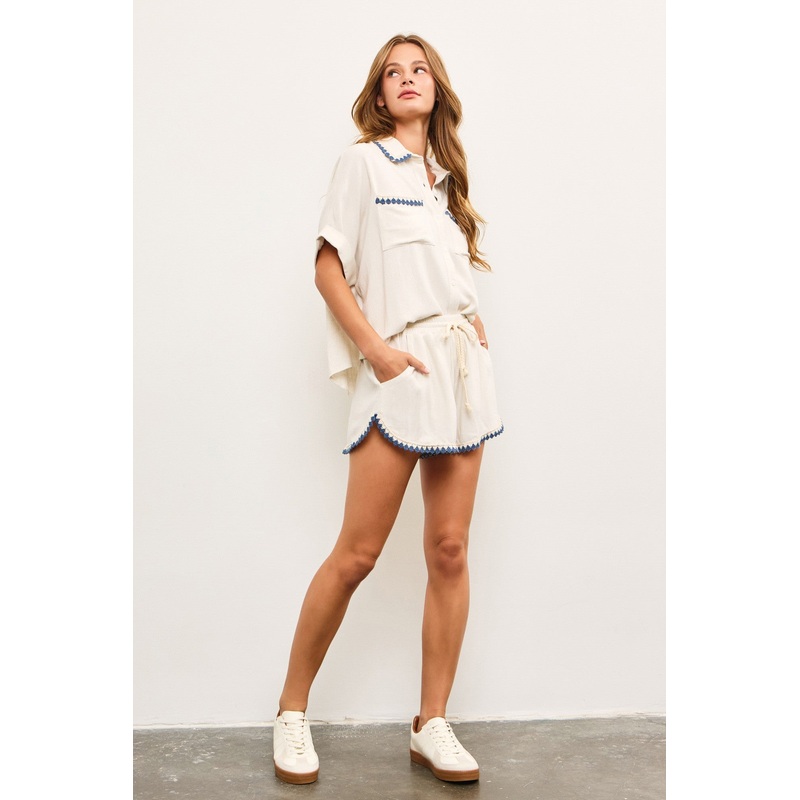 Cream Linen Blend Crochet Trim Drawstring Shorts