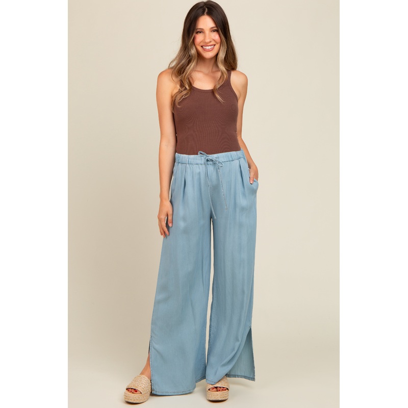 Light Blue Chambray Wide Leg Drawstring Maternity Pants
