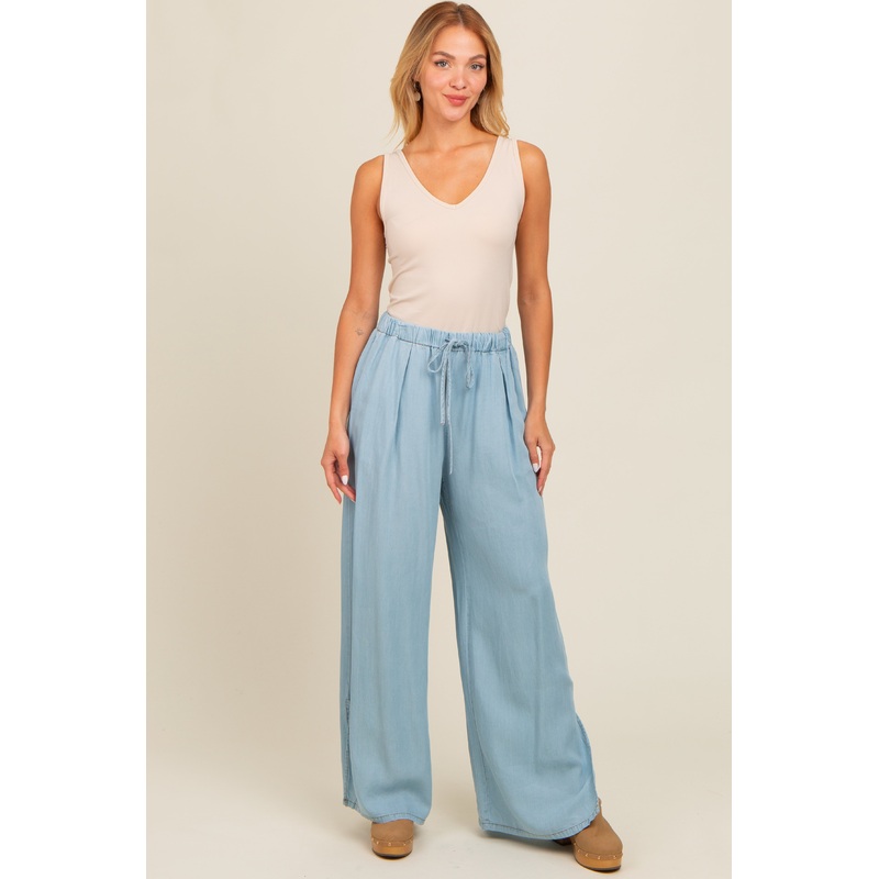 Light Blue Chambray Wide Leg Drawstring Pants