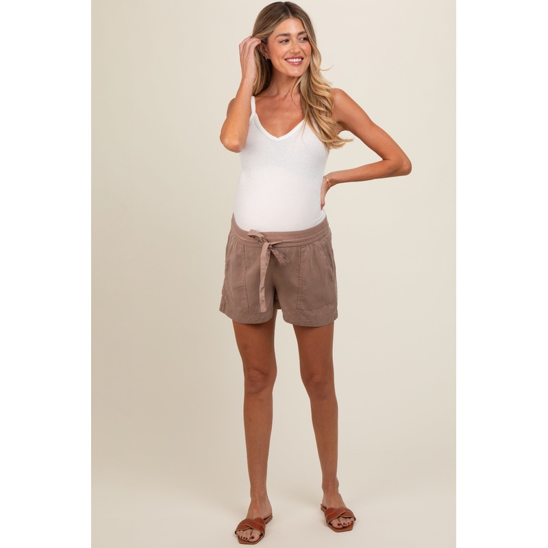 Mocha Drawstring Side Pocket Maternity Shorts