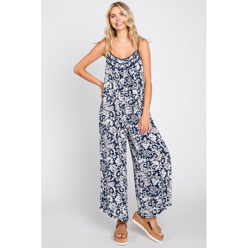 Navy Blue Floral Wide Leg Crop Jumpsuit