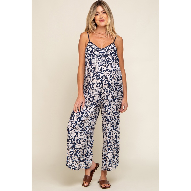 Navy Blue Floral Wide Leg Crop Maternity Jumpsuit