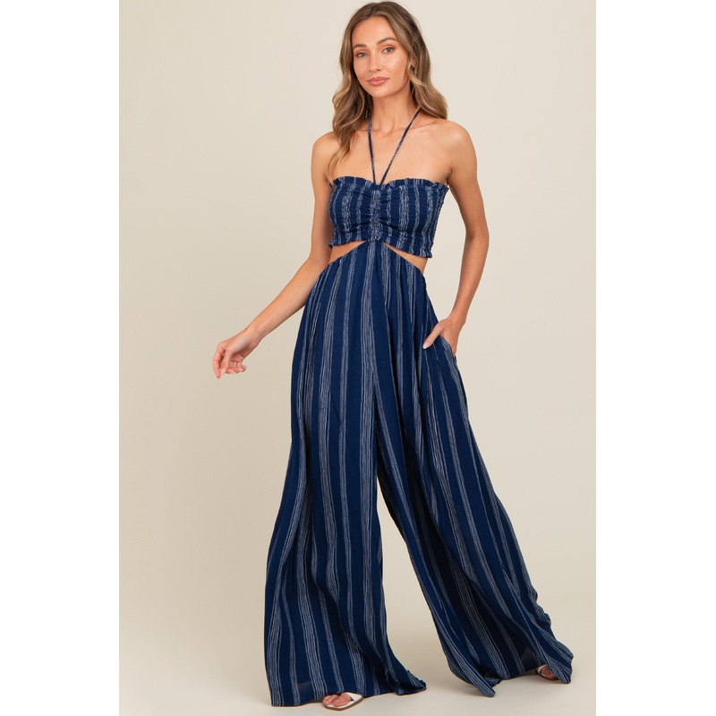 Navy Striped Cutout Halter Wide Leg Jumpsuit