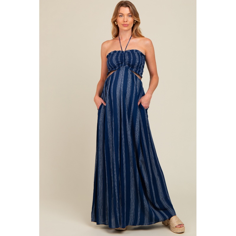 Navy Striped Cutout Halter Wide Leg Maternity Jumpsuit