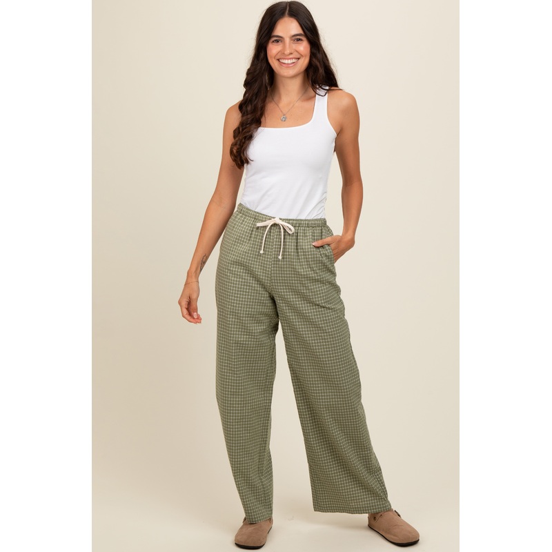 Olive Drawstring Checker Plaid Pants