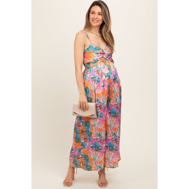 Orange Floral Front Twist Maternity Jumpsuit
