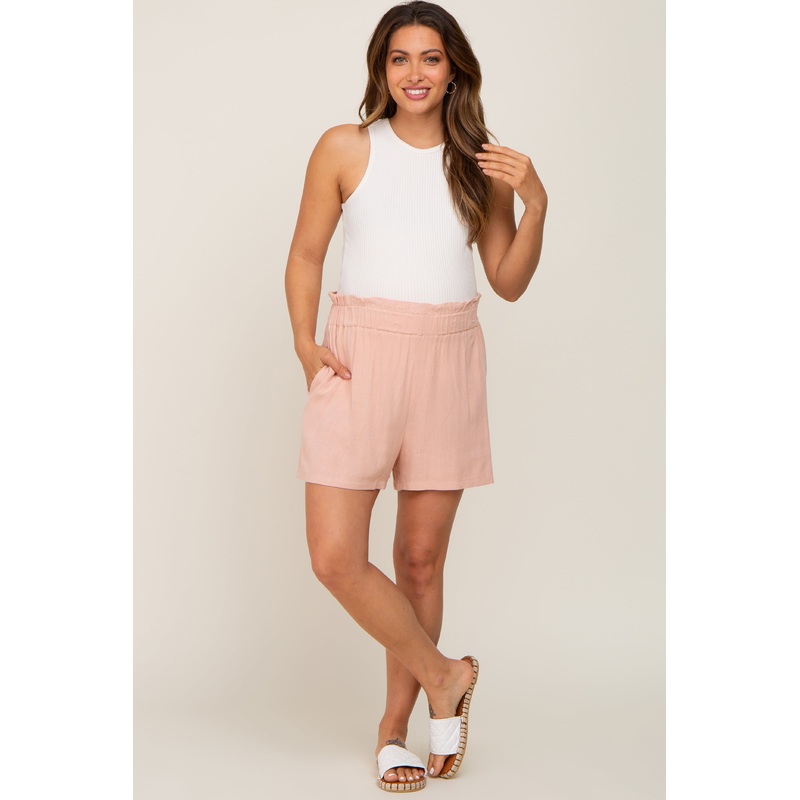 Peach Linen Ruffled Maternity Shorts