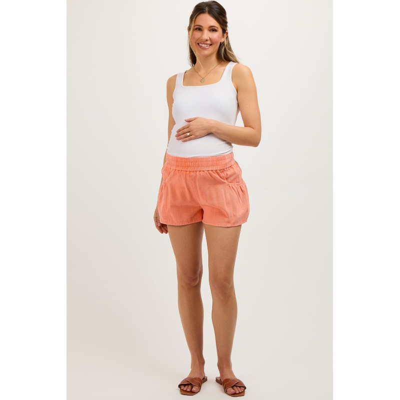 Peach Washed Denim Maternity Shorts