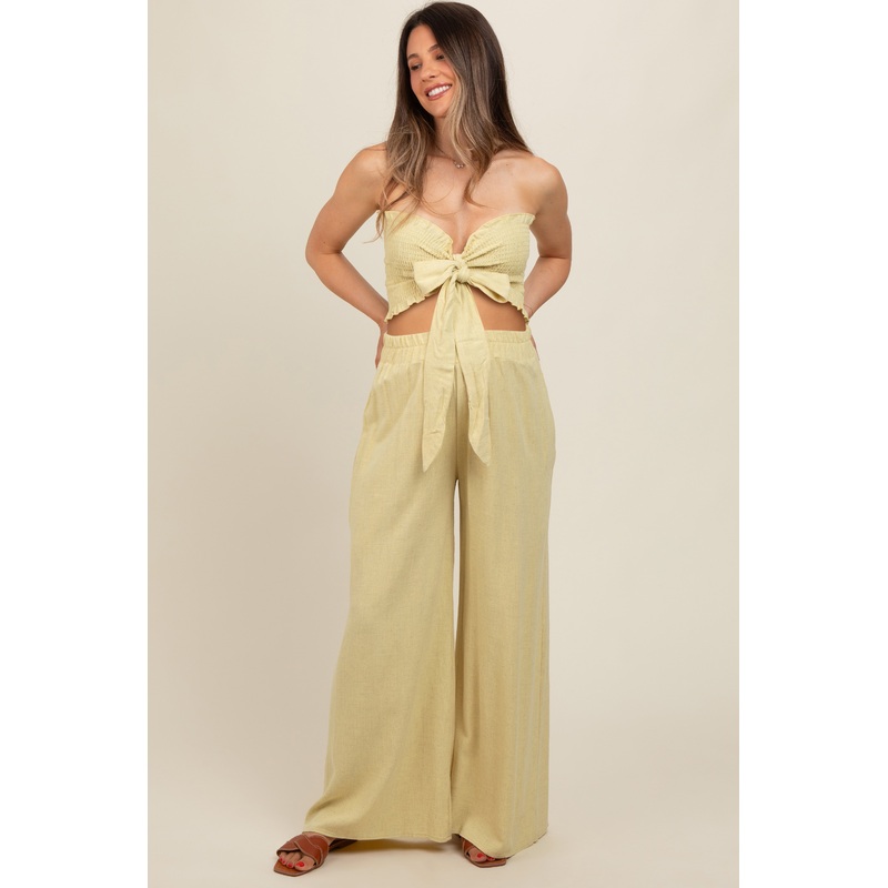 Yellow Front Tie Crop Top and Pant Maternity Set