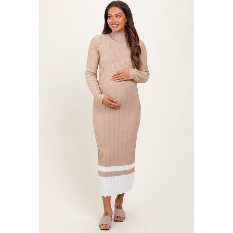 Beige Colorblock Hem Mock Neck Maternity Sweater Dress