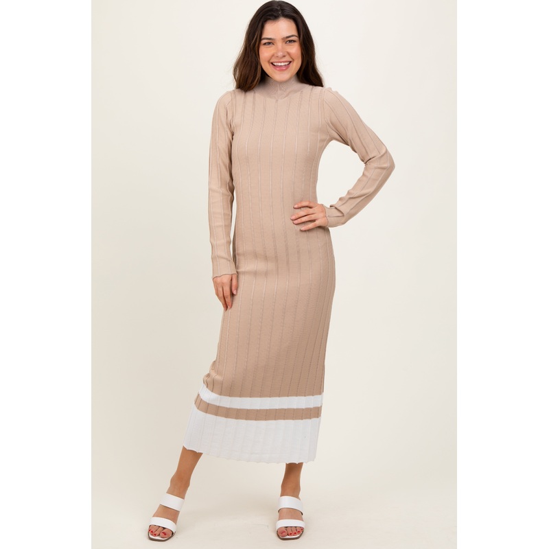 Beige Colorblock Hem Mock Neck Sweater Dress