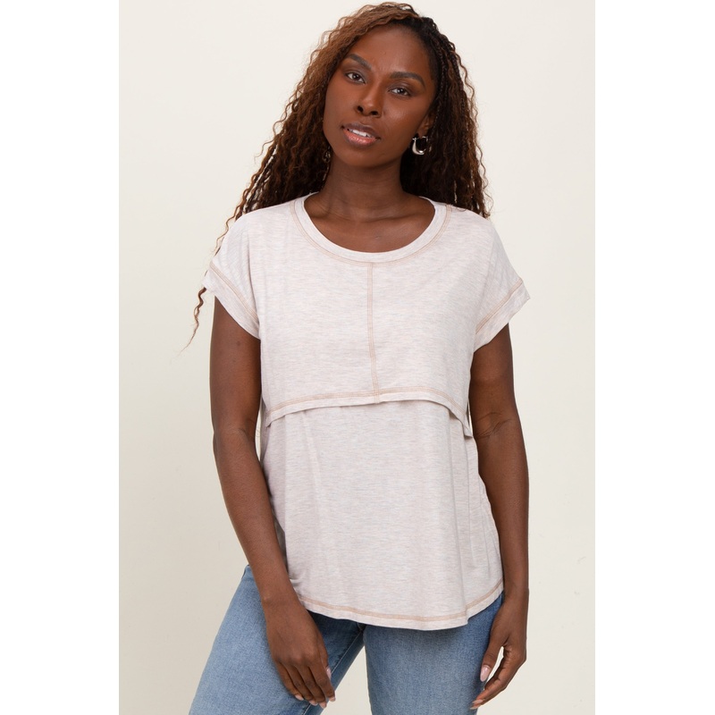 Beige Double Layer Short Sleeve Nursing Top