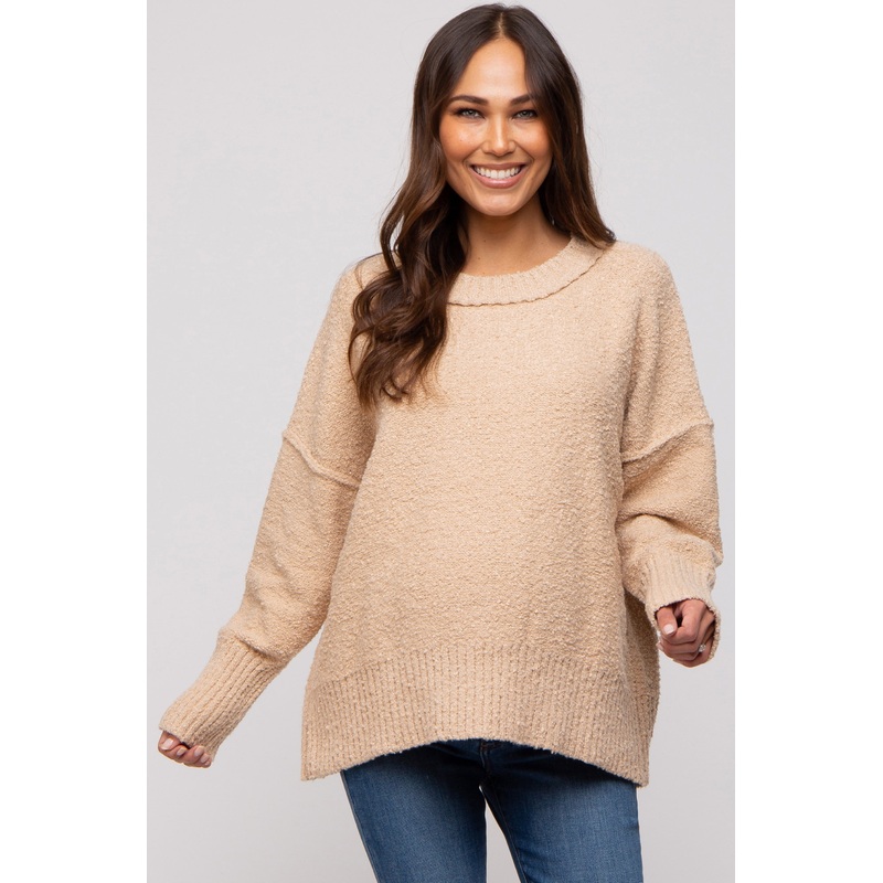 Beige Knit Exposed Seam Maternity Sweater