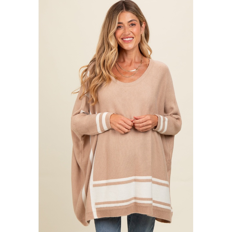Beige Mixed Stripe Dolman Sleeve Maternity Sweater