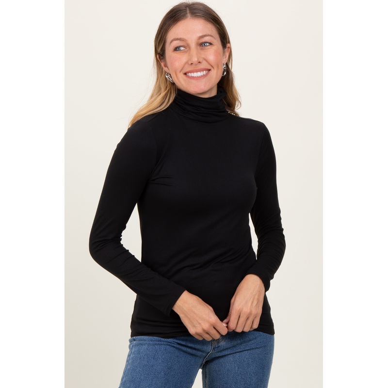 Black Brushed Knit Basic Turtleneck Top
