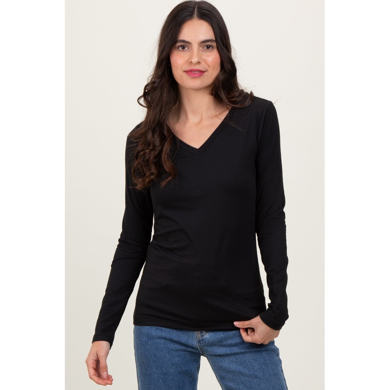 Black Brushed Knit V-Neck Long Sleeve Top
