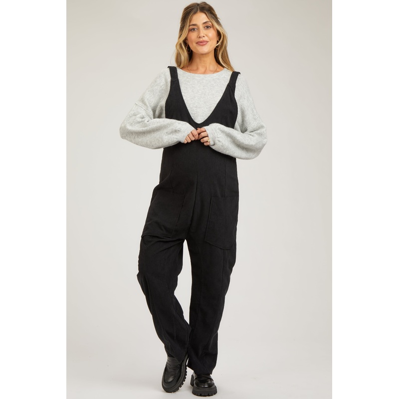 Black Corduroy Wide Leg Maternity Overalls