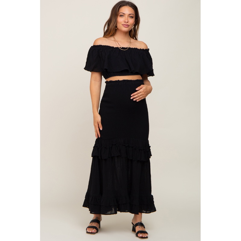 Black Linen Off Shoulder Top and Smocked Tiered Skirt Maternity Set