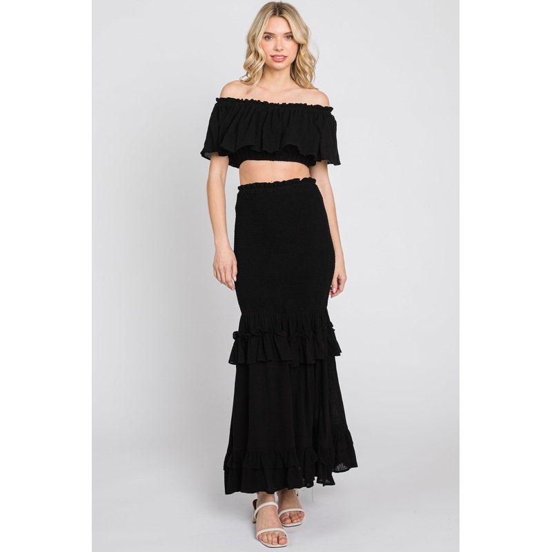 Black Linen Off Shoulder Top and Smocked Tiered Skirt Set