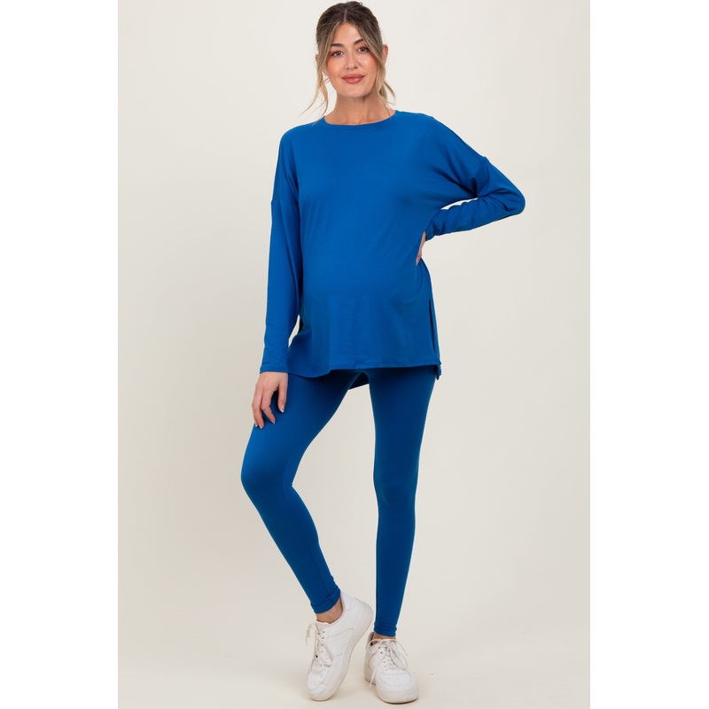 Blue Brushed Knit Maternity Oversized Top and Legging Set