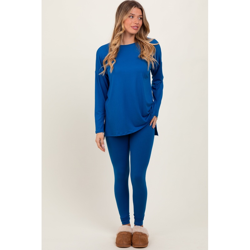 Blue Brushed Knit Oversized Top and Legging Set
