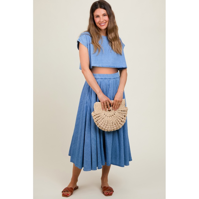 Blue Chambray Crop Top and Skirt Maternity Set
