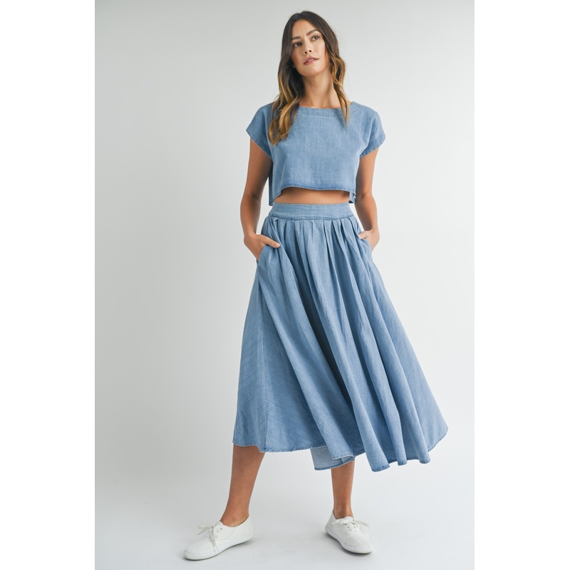 Blue Chambray Crop Top and Skirt Set