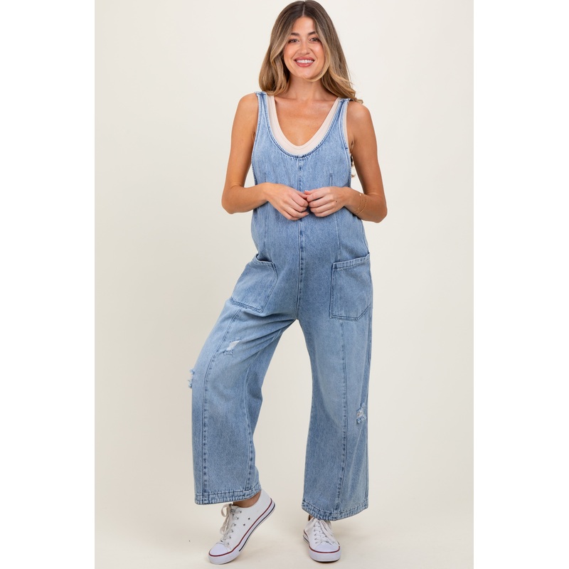 Blue Relaxed Fit Denim Maternity Jumpsuit