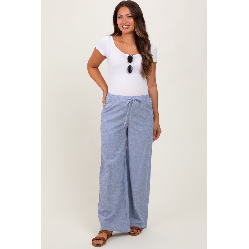 Blue Striped Drawstring Wide Leg Maternity Pants