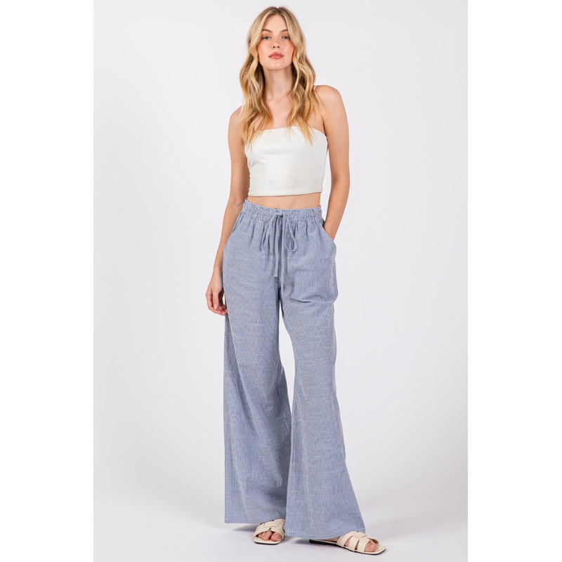 Blue Striped Drawstring Wide Leg Pants