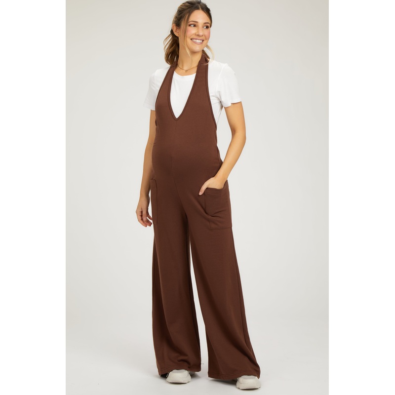 Brown Halter Front Pocket Knit Maternity Jumpsuit