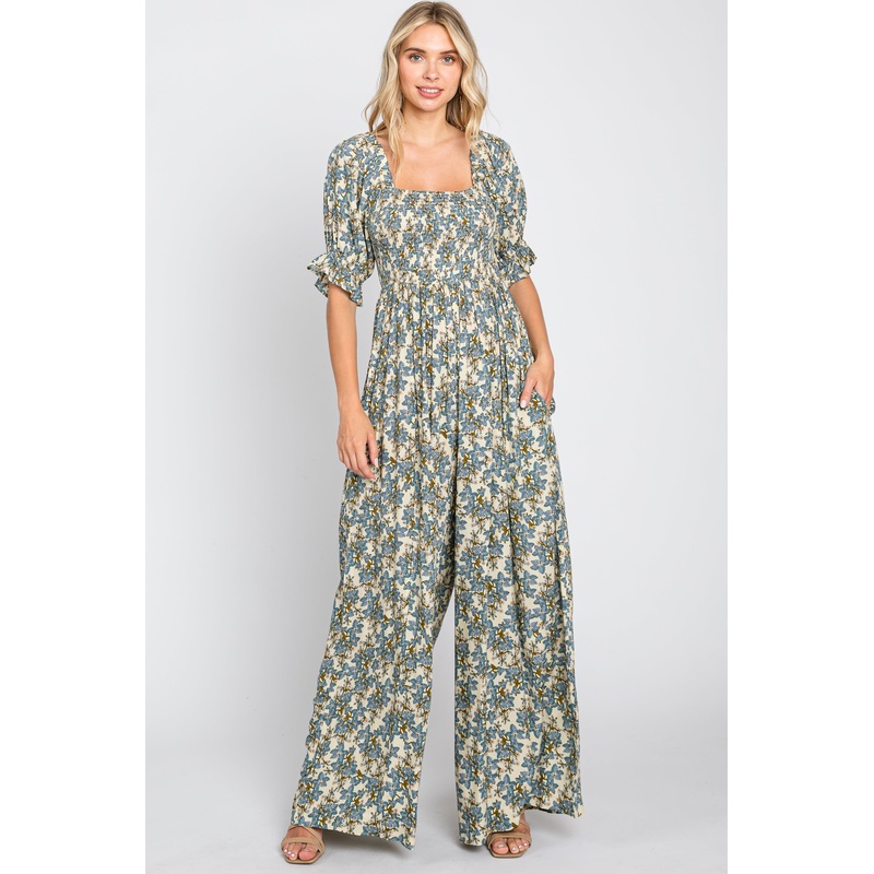 Cream Floral Smocked Jumpsuit