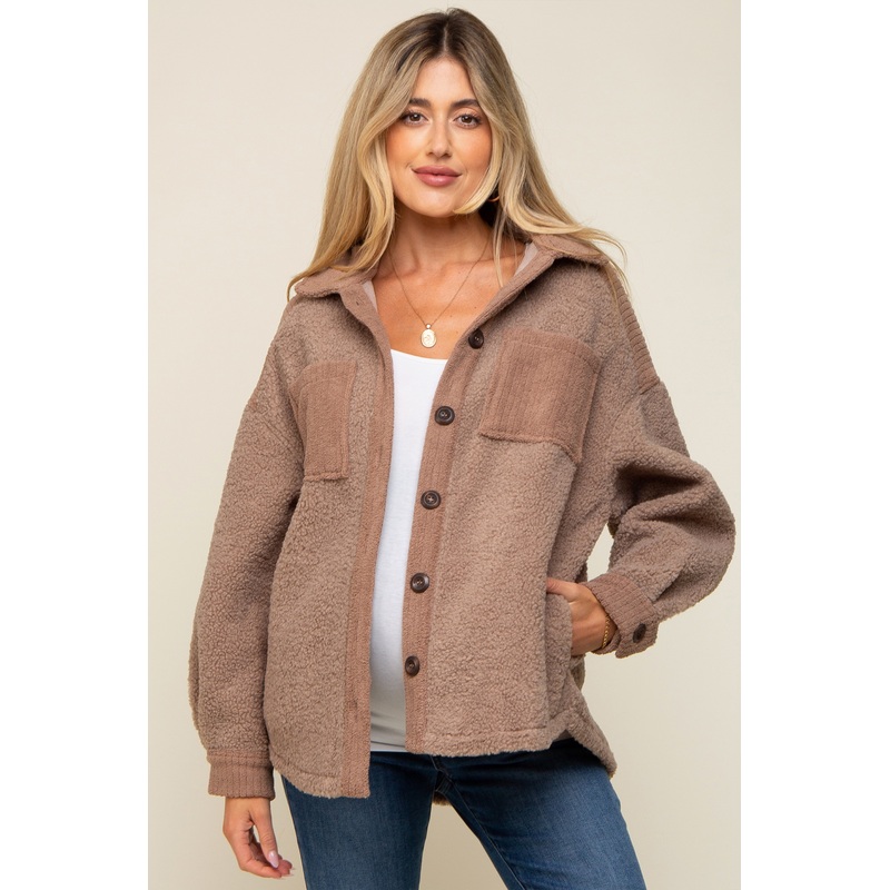 Mocha Colorblock Fleece Maternity Shirt Jacket