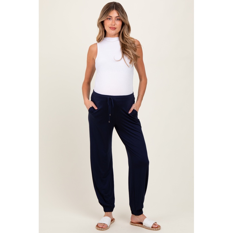 Navy Drawstring Maternity Jogger Pants