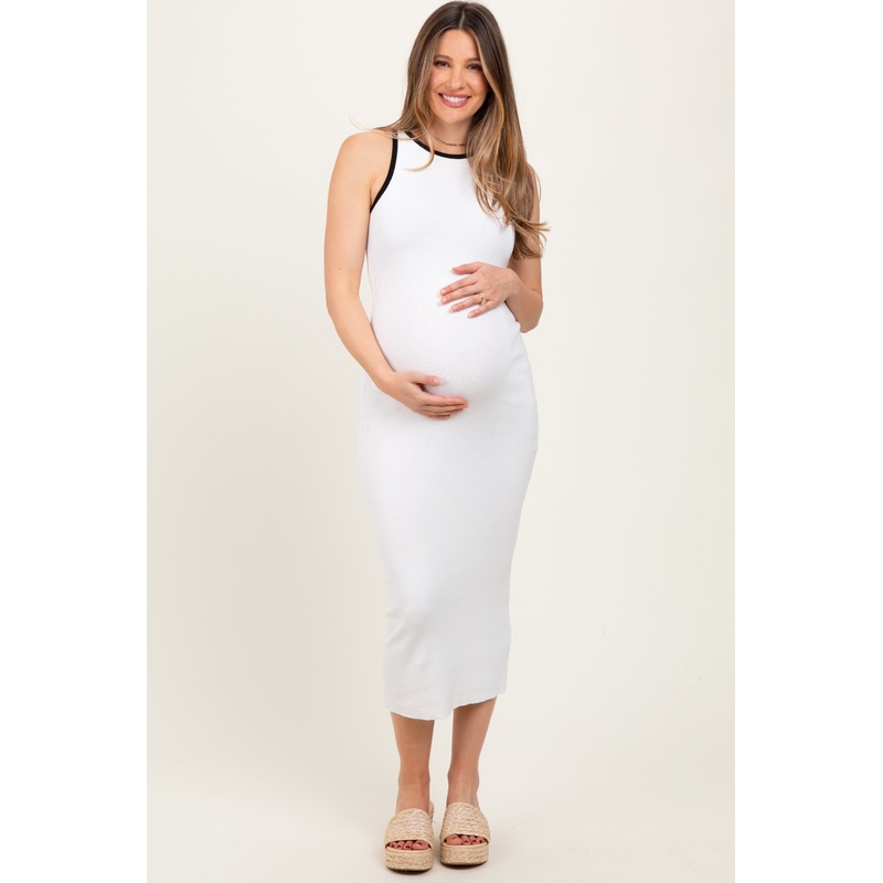 White Knit Contrast Trim Maternity Midi Dress