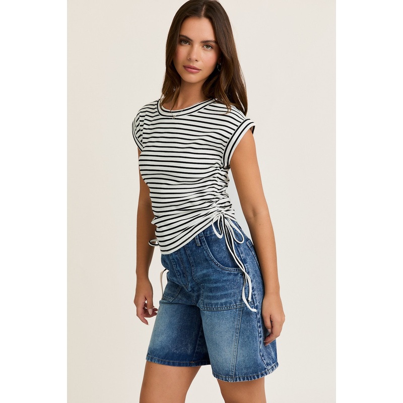 White Striped Ruched Side Tie Top