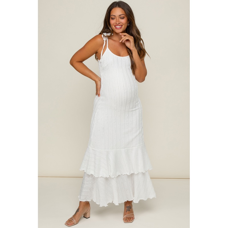 White Textured Shoulder Tie Layered Hem Maternity Maxi Dress