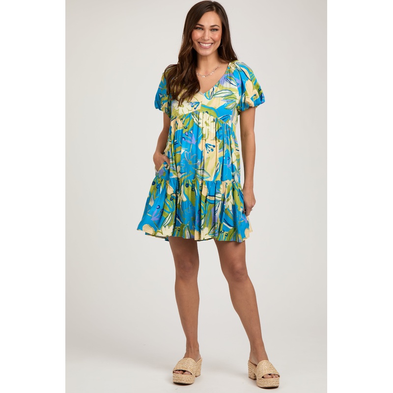 Aqua Floral Puff Sleeve Maternity Dress