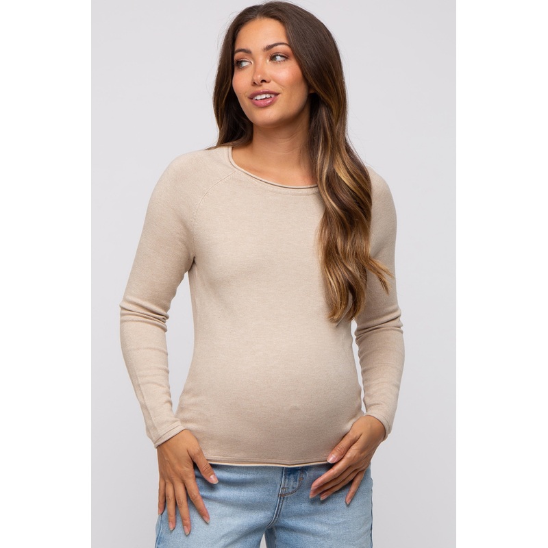 Beige Basic Raglan Sleeve Maternity Sweater Top