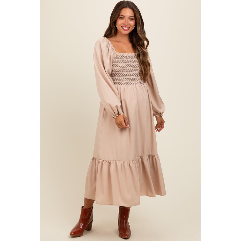 Beige Contrast Smocked Balloon Sleeve Maternity Midi Dress