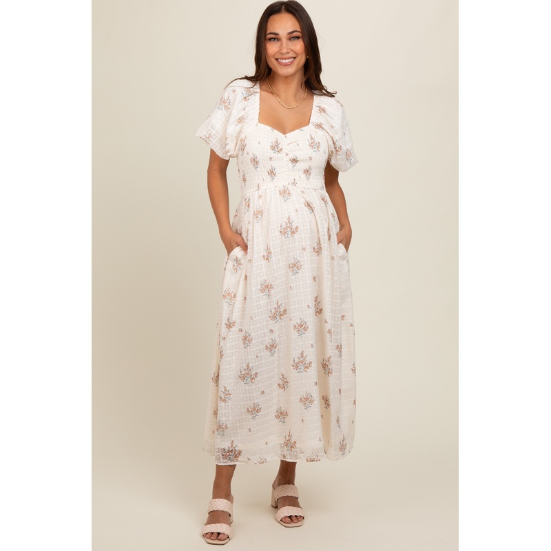 Beige Floral Textured Dot Smocked Sweetheart Neck Maternity Midi Dress