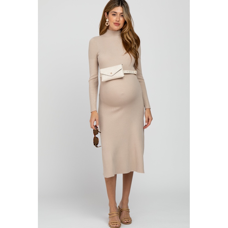 Beige Mock Neck Flared Maternity Midi Dress