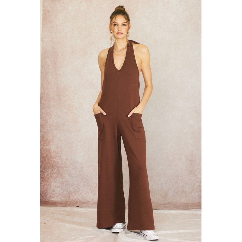 Brown Halter Front Pocket Knit Jumpsuit